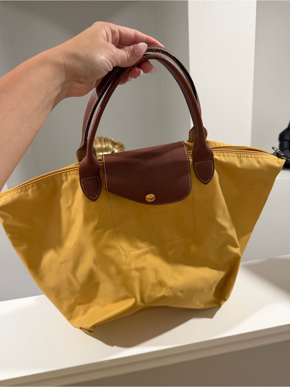 Longchamp Yellow Tote with Brown Leather Trim